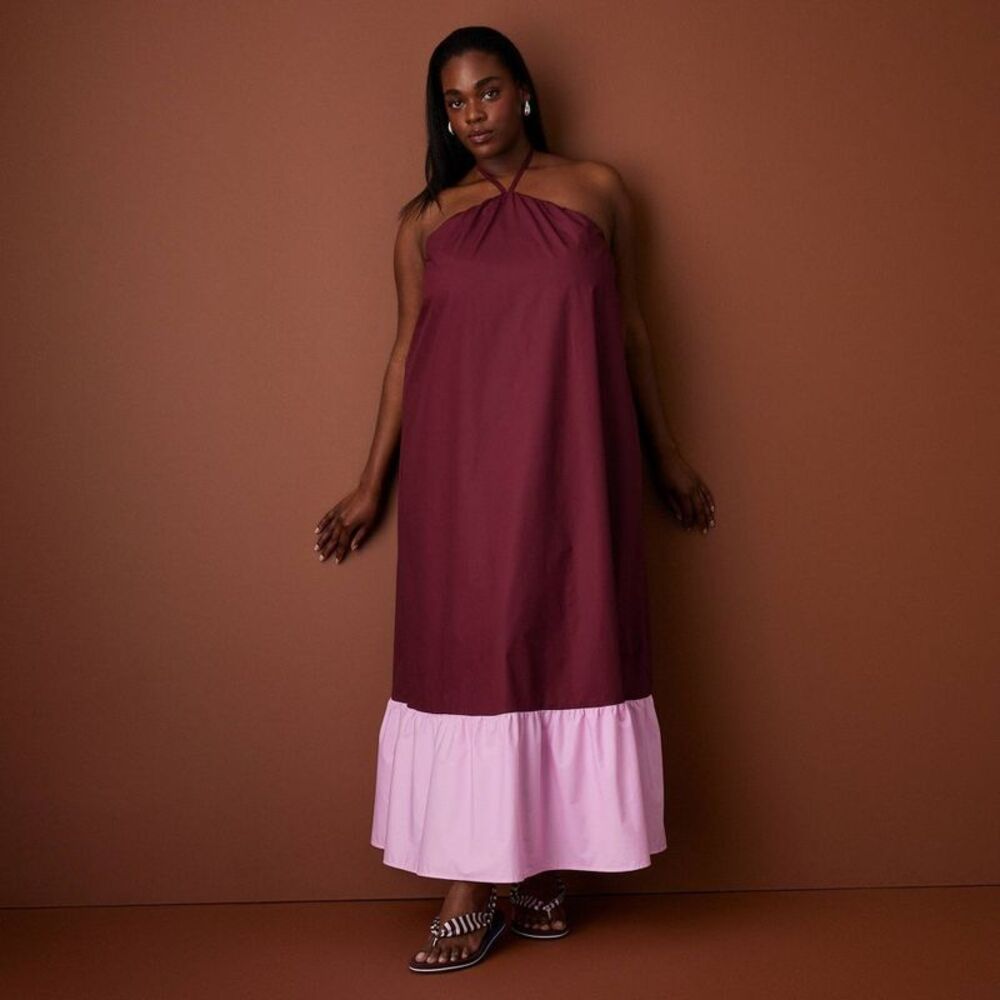 Women's Halter Flounce Colorblock Maxi Dress - Rosie Assoulin Burgundy/Pink 1X
